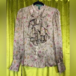 Lauren Ralph Lauren Brown Taupe floral silk ruffle long sleeve blouse 6P $150